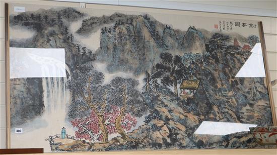 Chinese School, watercolour and ink on paper, figure in an extensive landscape, 69 x 134cm